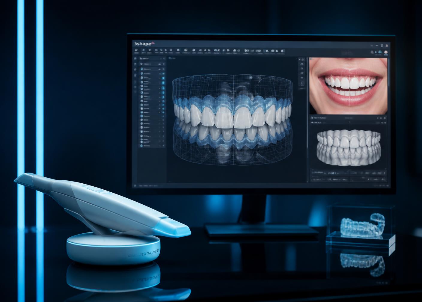 3D intraoral scanner beside digital smile design software on screen